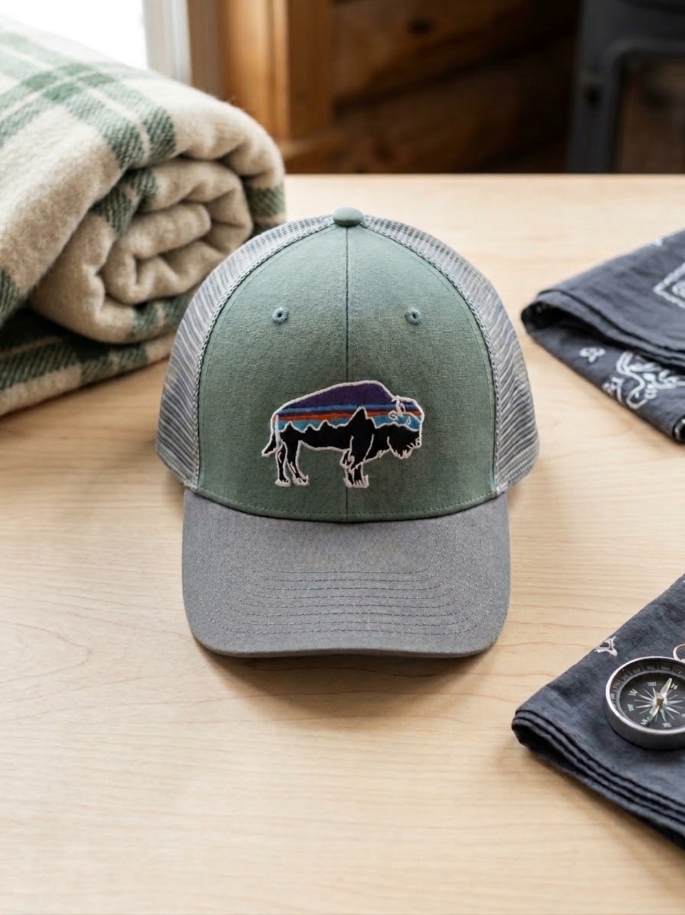 Patagonia Green & Gray Buffalo Patch Trucker Hat
